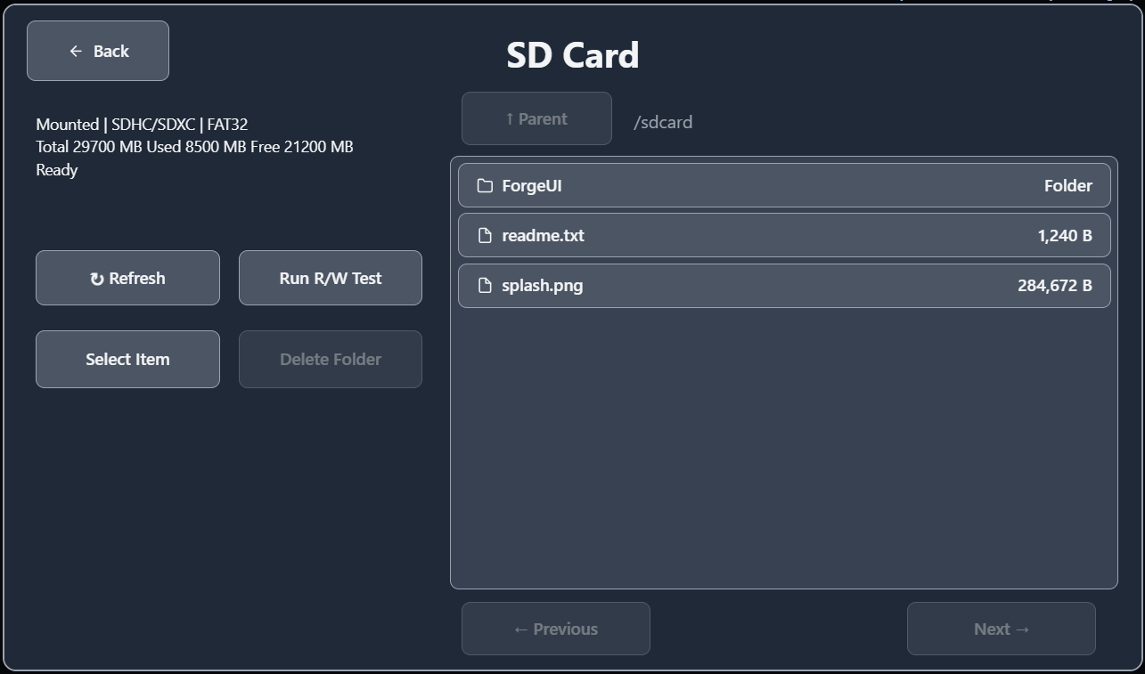 ForgeUI Storage Browser showing SD status, files and storage tools